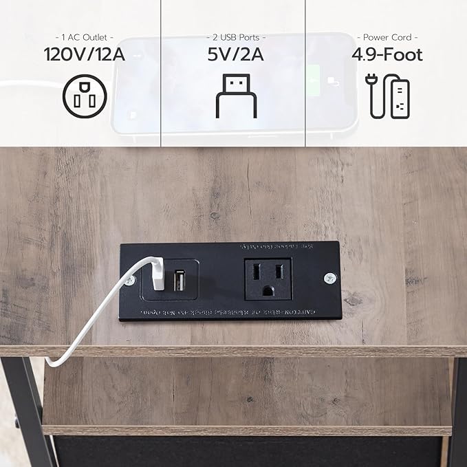 HOOBRO End Table with Charging Station, Narrow Side Table, Nightstand with 2 Non-Woven Drawers, Slim Sofa Side Table, for Small Spaces, Living Room, Bedroom, Greige and Black BG486UBZ01