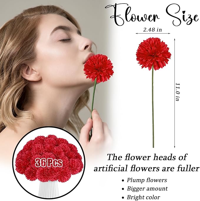 36 Pcs Artificial Chrysanthemums Flowers Red Flowers Fake Mums Silk Flowers for Spring Home Decor Christmas Floral Arrangement Halloween Table Centerpiece