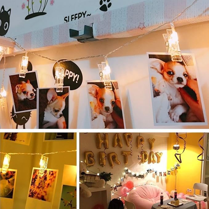 Decute 50LED Photo Clips String Lights Holder Timer Function 8 Modes Dimmable with Remote, 17FT Fairy Starry Lights for Christmas Card Bedroom Wedding Party Hanging Photos Pictures Memos, Warm White
