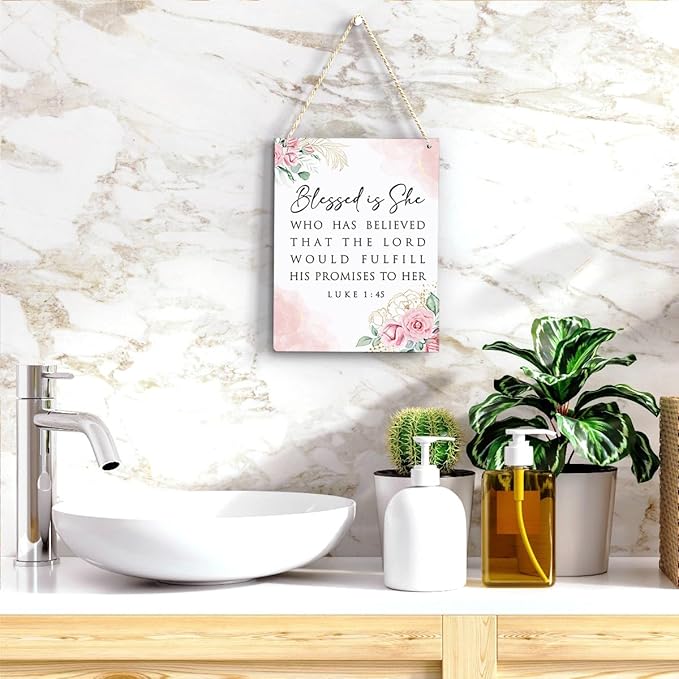 Inspirational Bible Verse Wall Art Decor Pink Luke 1:45 Christian Gifts for Women Scripture Wooden Hanging Sign for Modern Home Office Kids Room Bathroom Bedroom Wall Art Decoration 8 x 10 Inches