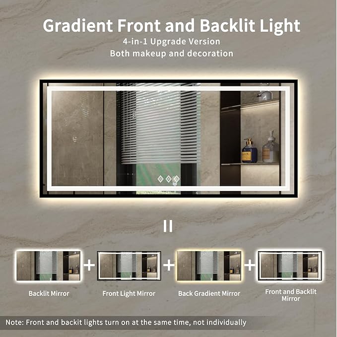 Bathroom Mirrors for Wall, 72x32 Inch Black Framed Gradient Front and Backlit Smart Mirror, 3 Colors Dimmable CRI>90, IP54 Enhanced Anti-Fog Wall Mounted Bathroom Mirror Frame