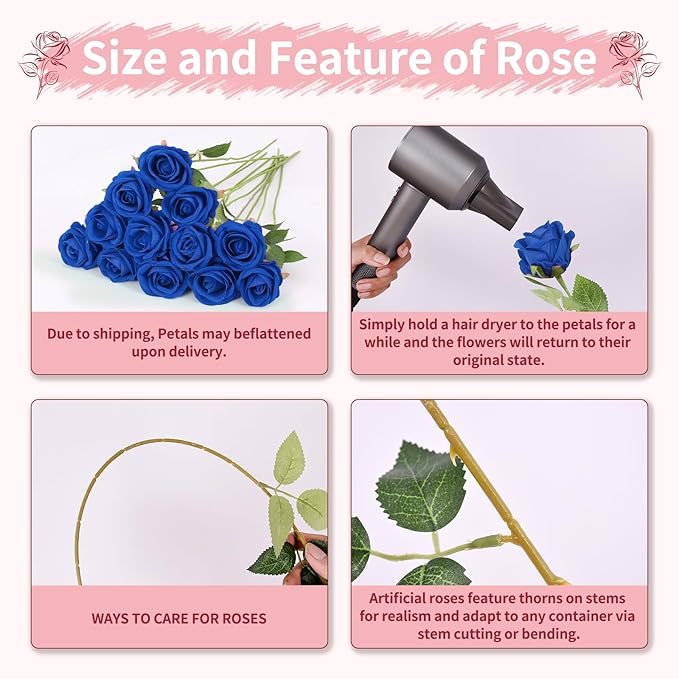 52 PCS Blue Artificial Roses Bulk, Fake Artificial Flowers Bridal Bouquet Silk Faux Rose with Stems for Wedding Flowers Decoration, Valentine's Day, Bridal Bouquet, Anniversary, Home Decor (52PCS)