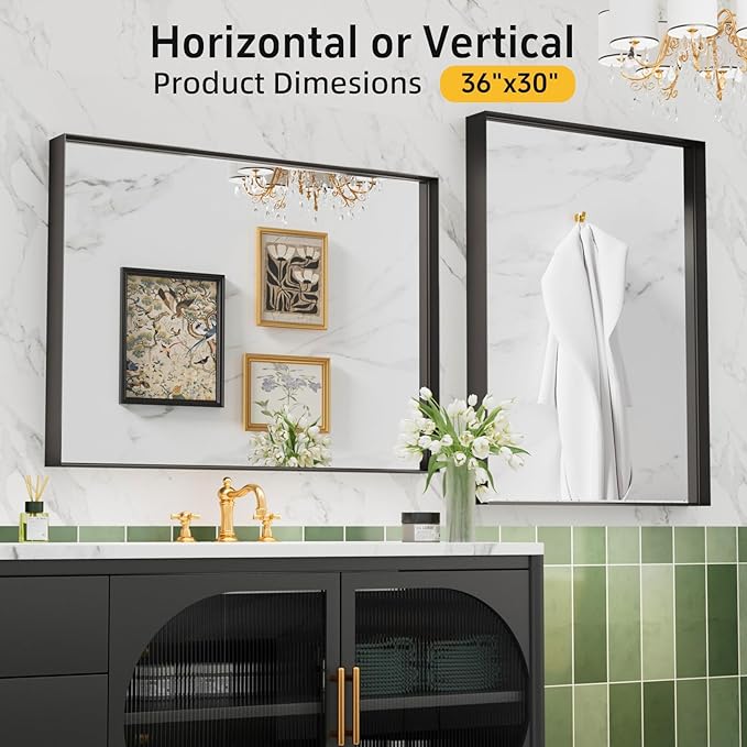36”x 30” Black Bathroom Mirrors for Over Sink,Metal Framed Rectangle Mirrors, Tempered Glass, Black Wall Decor Mirror for Living Room Farmhouse Bedroom Entryway, (Horizontal/Vertical)