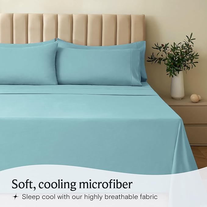 LuxClub 4 PC Queen Sheet Set, Queen Size, Deep Pockets Wrinkle Free Cooling Bed Sheets Machine Washable Hotel Bedding Silky Soft - Aqua Queen
