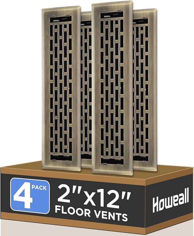 2x12 Inches 4 Pack Heavy Duty Walkable Floor Register - Easy Adjust Air Supply Lever Decorative Floor Vent Covers, Boston Design Vent Covers for Home - Antique Brass
