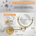 8" Wall Mounted Lighted Makeup Mirror with Magnification Rechargeable, 1X/10X Double Sided, 3 Color Lighting Touch Dimmable 360 Swivel Extendable Arm Vanity Shaving Mirror, Brushed Moderne Brass