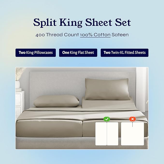 California Design Den Split King Sheets Sets for Adjustable Bed - Soft 100% Cotton Sheets, 400 Thread Count Sateen, Deep Pockets, Cool and Durable Bedding, Beats Egyptian Cotton Claims - Taupe