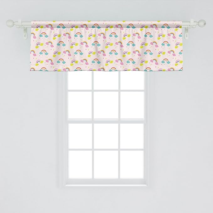 Ambesonne Cartoon Window Valance, Pastel Rainbows Clouds Raindrops Sky Theme, Curtain Valance for Kitchen Bedroom Decor with Rod Pocket, 42" x 18", Rose and Multicolor