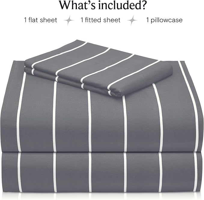 LuxClub Striped Sheets, 3 PC Striped Bed Sheets Twin Size for-Boys-and-Girls-Deep Pockets Wrinkle Free-Kids-Fitted Sheets Machine Washable Hotel Bedding (Twin, Light Grey)