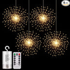 4 Pack Starburst Sphere Lights,200 LED Firework Lights, 8 Modes Dimmable Remote Control Waterproof Hanging Fairy Light, Copper Wire Light for Patio Parties Christmas (Battery Operated)
