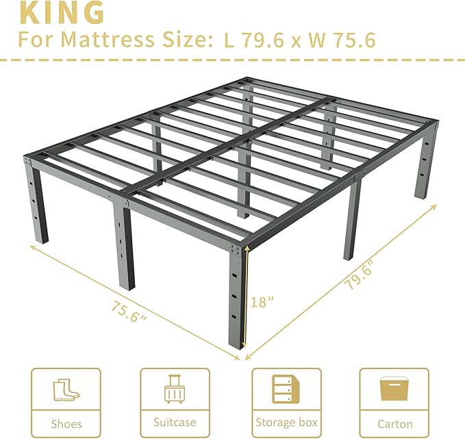 ALDRICH 18 Inch Metal King Size Bed Frame - Black Basic Steel Slats Platform, Easy Assembly Heavy Duty Noise Free Bedframes, No Box Spring Needed