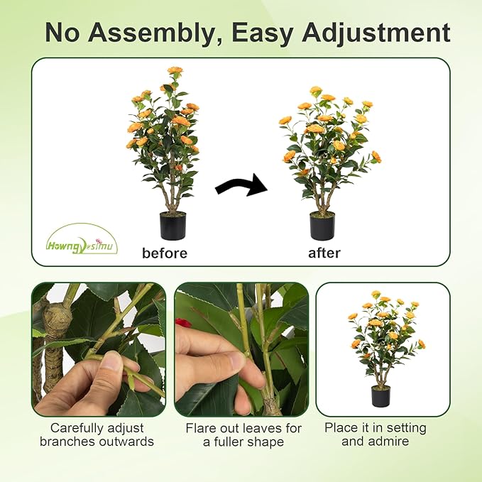 Artificial Camellia Tree, 3FT Faux Camellia Plant in Pot with Orange Flowers for Spring Home Front Door Outdoor Indoor Decoration