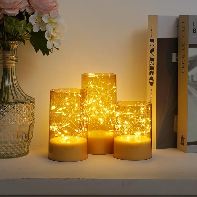 Homemory Flickering Flameless Candles with Remote, Embedded String Lights in Acylinder LED Candles, Battery Operated Fake Candles with Timer, Candle Decor for Home Wedding, Set of 3,Gold