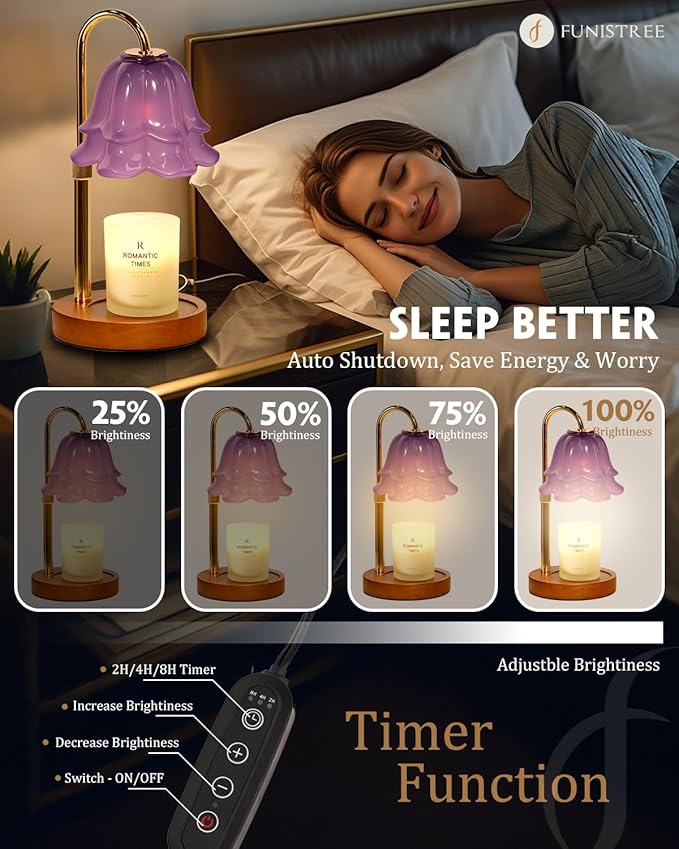 Purple Candle Warmer Lamp with Timer & Dimmer, Adjustable Height Christmas Gifts Birthday Gifts for Women Mom, Flower Candle Lamp Warmer, Wax Warmer with 2 Bulbs, House Warming New House Decorations