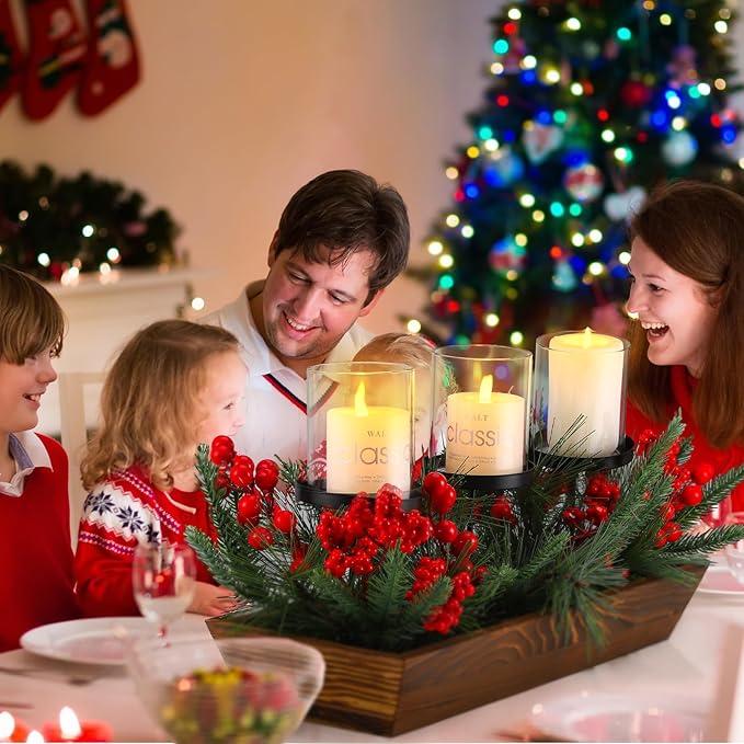 3 Pillar Christmas Table Centerpiece Christmas Candle Holder Artificial Red Berries Pine Cones with Steal Base Frosted Berry Arrangement for Home Decor