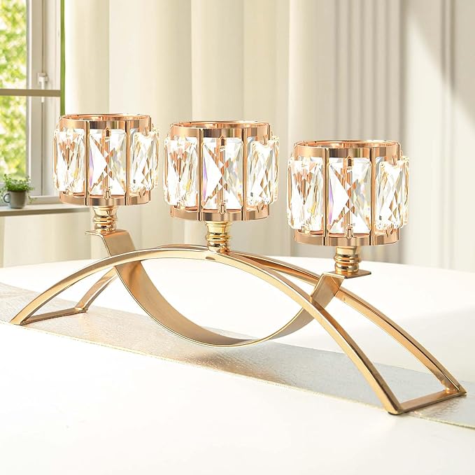 3 Arms Crystal Candle Holders, Arch Candlestick Table Candelabras Centerpieces for Wedding, Dinning Room, Cabinet Ornaments, Home Decoration， Gift (3-arm Arched, Gold)