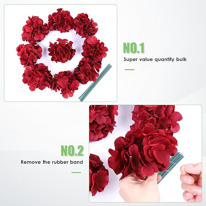 AVIVIHO 65pcs Burgundy Hydrangea Artificial Flowers Bulk (Not Squished, No Steaming Need) Realistic Hydrangeas Silk Flowers with Stems for DIY Project Wedding Party Home Wedding Table Decorations