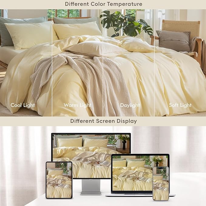 MooMee Bedding Duvet Cover Set 100% Washed Cotton Linen Like Textured Breathable Durable Soft Comfy (Heathered Butter Yellow, Cal King 104"x98")