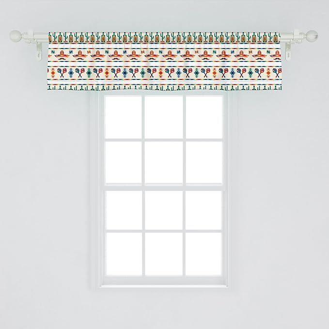 Ambesonne Mexican Window Valance Pack of 2, Latin American Cultural Native Borders Indigenous Saguaro Sombrero Tequila Bottle, Rod Pocket Curtain Valances for Kitchen Bedroom, 54" X 12", Jade Green