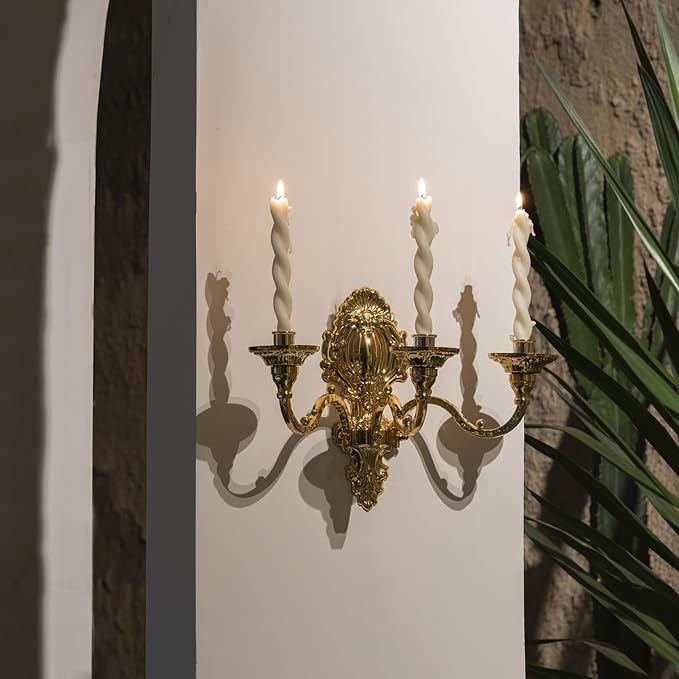 3-Candle Wall Sconces,Victorian Metal Wall Mounted Candlestick,Gold Crown Candle Holders for Tapered Candle,Gothic Antique Candelabra,Brass Baroque Decor for Living Rooms Hallways(1pack