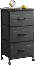 WLIVE Dresser with 3 Drawers, Fabric Nightstand, Cabinet with Wheels, Organizer Storage Dresser for Bedroom, Office, Closets, Sturdy Steel Frame, Easy Pull Handle, Charcoal Black Wood Grain Print