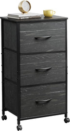 WLIVE Dresser with 3 Drawers, Fabric Nightstand, Cabinet with Wheels, Organizer Storage Dresser for Bedroom, Office, Closets, Sturdy Steel Frame, Easy Pull Handle, Charcoal Black Wood Grain Print