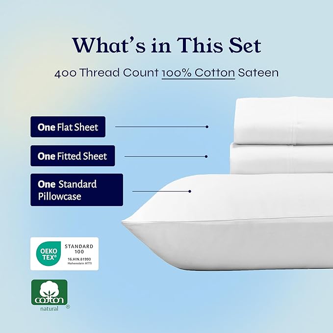 California Design Den Natural 100% Cotton Sheets, Twin Sheets Set, 400 Thread Count Sateen Bedding for Dorm Rooms & Adults, Deep Pockets with All Around Elastic, Cool & Durable - Antique White