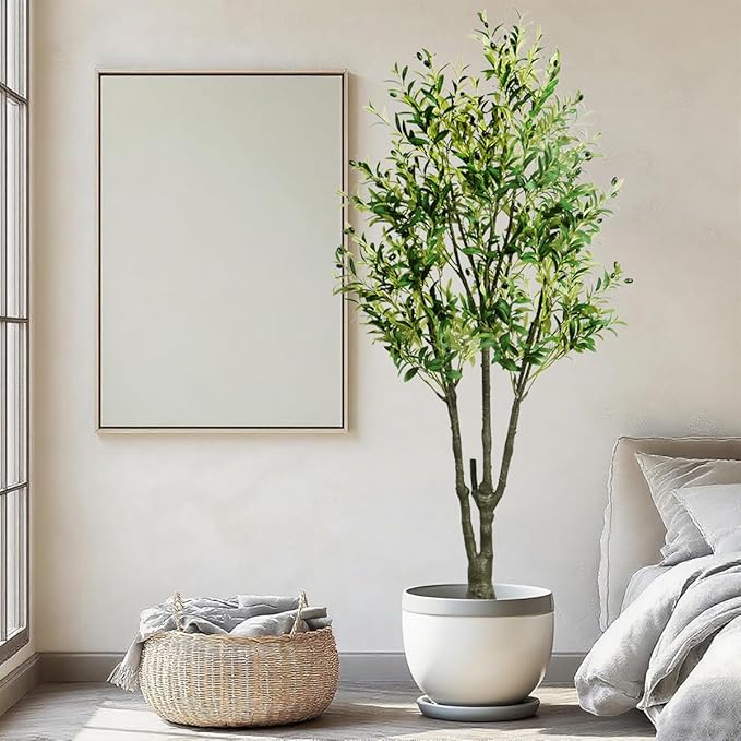 6.23ft Artificial Olive Tree, Faux Olive Tree with Lifelike Fruits, 74.8in Fake Olive Tree with Sturdy Plastic Pot, Artificial Plants for Office Home Living Room Indoor Outdoor Decor