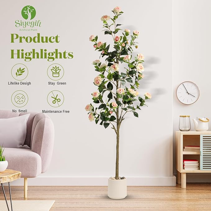 6FT Artificial Camellia Tree with White Planter & Pebbles,Faux Flower Tree with Lifelike Leaves and Realistic Trunk,Tall Fake Potted Plant for Home Décor Indoor Outdoor. (White, 6FT)