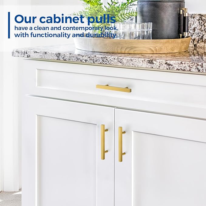 JOY DECOR 30 Pack 3-1/2 Inch Brushed Brass Square Cabinet Handles Stainless Steel Cabinet Hardware Pulls for Kitchen and Drawers with 6 Inch Overall Length