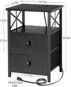 AMHANCIBLE Night Stand Set 2, Black Nightstand with Charging Station, End Tables Living Room with USB Ports and Outlets, Bedside Table with Fabric Drawers for Bedroom, HET05XBK
