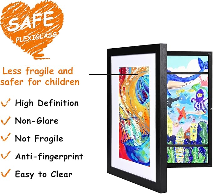 KINLINK 9x12 Kids Art Frames Set of 2, Solid Wood Kids Artwork Frames Changeable with Acrylic Front Opening Holds 150 Pictures, Art Frame for Kids Artwork with Mat or without Mat, Black