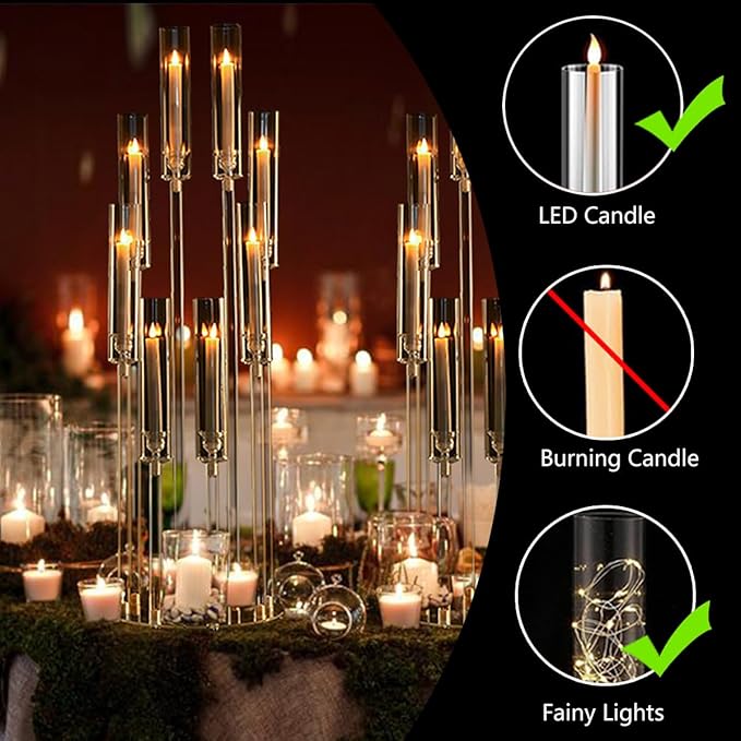2PCS Acrylic Candelabra Centerpieces,Tall Clear Floor Candelabra for Wedding 8 Arm Candle Holder with Acrylic Shade Circular Base for Party Table Decoration Fit 0.87 LED Candle
