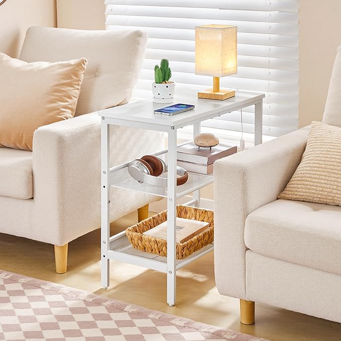 HOOBRO End Table, 3-Tier Narrow Side Table, Nightstand with 2 Flat or Slant Adjustable Shelves for Small Spaces, Hallway, Living Room, Bedroom, Sturdy, Easy Assembly, White WT23BZ01G1