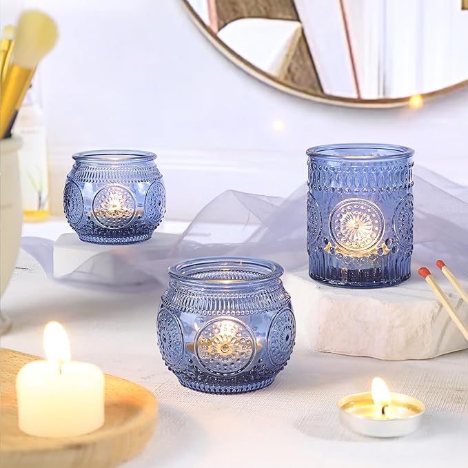 36 Pcs Blue Candle Holders Bulk- Blue Votive Candle Holders for Wedding Centerpieces, Assorted Glass Tea Lights Holders for Baby/Bridal Shower, Thanksgiving, Fall, Christmas Table Centerpieces Decor