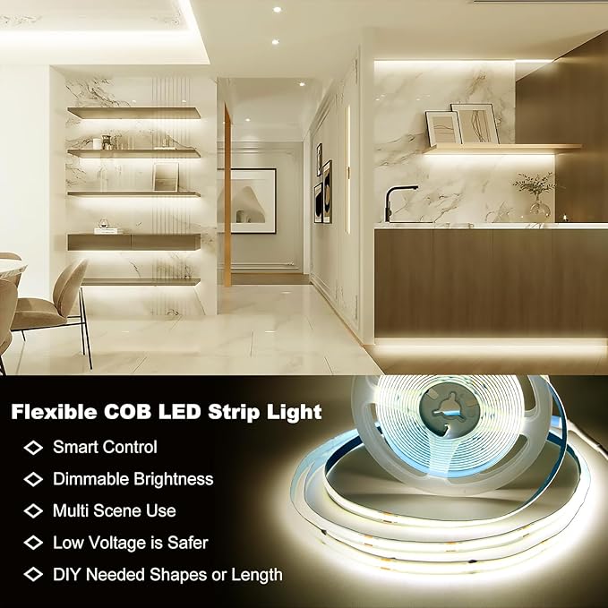 DAYBETTER COB Led Strip Light, Led Light Strips with Remote and App, 16.4 ft 4000K Dimmable Natural White Led COB Light Strip, Indoor COB Led Lights for Bedroom, TV, Cabinet, Closet Lighting
