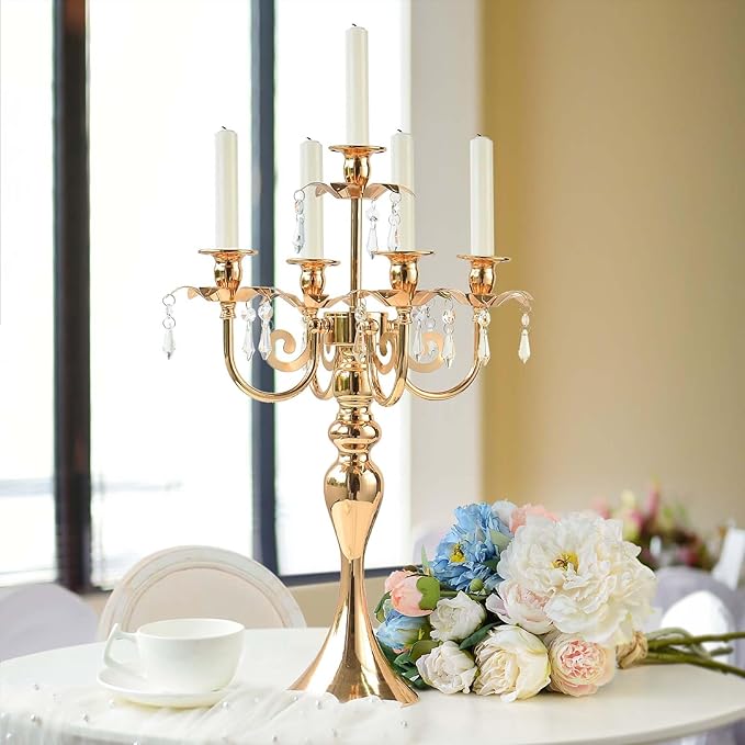 2PCS Gold 5-Arm Candelabra Centerpiece - 20.3" Tall Metal Candle Holder for Wedding, Party & Home Decor - Vintage Table Centerpiece for Events, Dining Room, Church Decorations