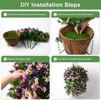 INQCMY Artificial Hanging Flowers in Basket for Outdoor Summer Decoration,4pcs Faux Silk Violet in Planter UV Resistant for Outside Home Patio Garden Proch Deck Decor(Pink Purple)