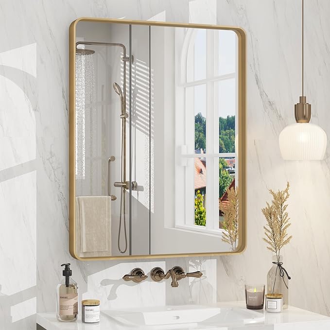 24x30 Gold Bathroom Mirror, Rounded Rectangle Gold Frame Mirror, Brushed Gold Brass Bathroom Vanity Mirror Wall-Mounted, Anti-Rust, Hangs Horizontally or Vertically
