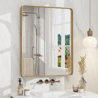 24x30 Gold Bathroom Mirror, Rounded Rectangle Gold Frame Mirror, Brushed Gold Brass Bathroom Vanity Mirror Wall-Mounted, Anti-Rust, Hangs Horizontally or Vertically