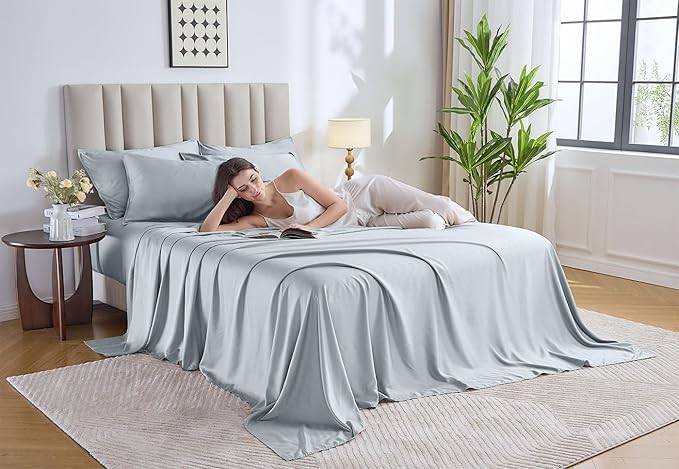 Pure Bamboo King Sheets, Genuine 100% Organic Viscose Derived from Bamboo Bed Sheet Set, Luxuriously Soft & Cooling, Double Stitching, Lifetime Quality Promise (King, Glacier)