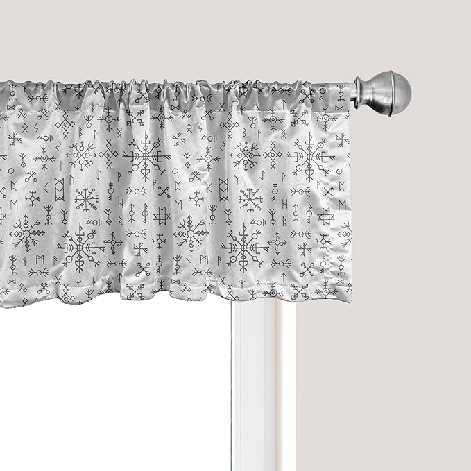 Ambesonne Nordic Window Valance, Viking Runes and Talismans Scandinavian Symbols with The Futhark Alphabet, Curtain Valance for Kitchen Bedroom Decor with Rod Pocket, 54" X 12", Dark Grey and White