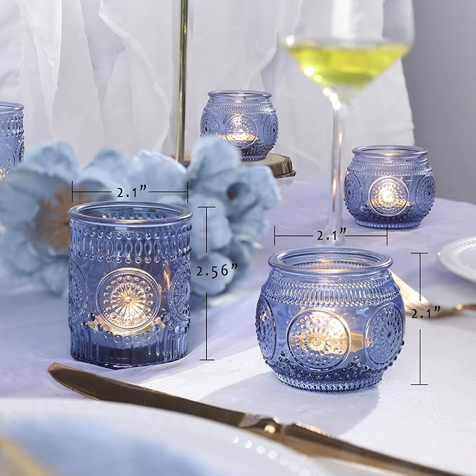 36 Pcs Blue Candle Holders Bulk- Blue Votive Candle Holders for Wedding Centerpieces, Assorted Glass Tea Lights Holders for Baby/Bridal Shower, Thanksgiving, Fall, Christmas Table Centerpieces Decor