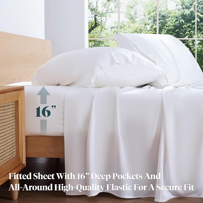 LuxClub Full Size Bed Sheets, 100% Rayon Derived from Bamboo Cooling Sheets, Breathable & Soft Deep Pocket Up to 16", Hotel Luxury Silky Sheets Full Size Set, White