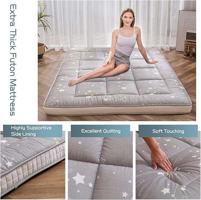 MAXYOYO Grey Constellation Futon Mattress, Japanese Floor Mattress Quilted Bed Mattress Topper, Extra Thick Folding Sleeping Pad Breathable Floor Lounger Guest Bed for Camping, King