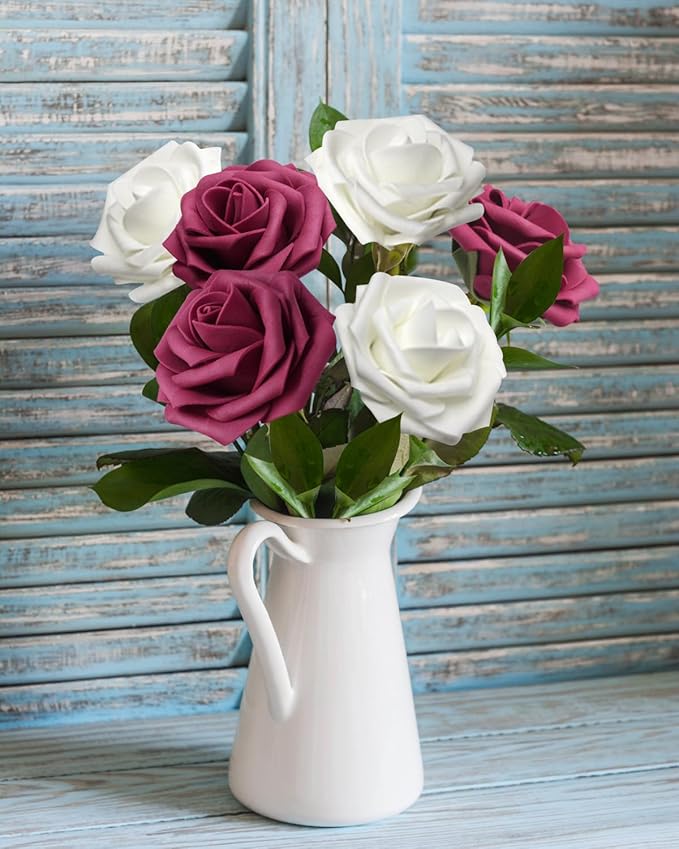 Artificial Flowers Realistic White & Wine Red Roses, Real Looking Fake Roses with Stem for DIY Wedding Bouquets Centerpieces Bridal Shower Party Home Romantic Decorations (White & Wine Red, 100pcs)
