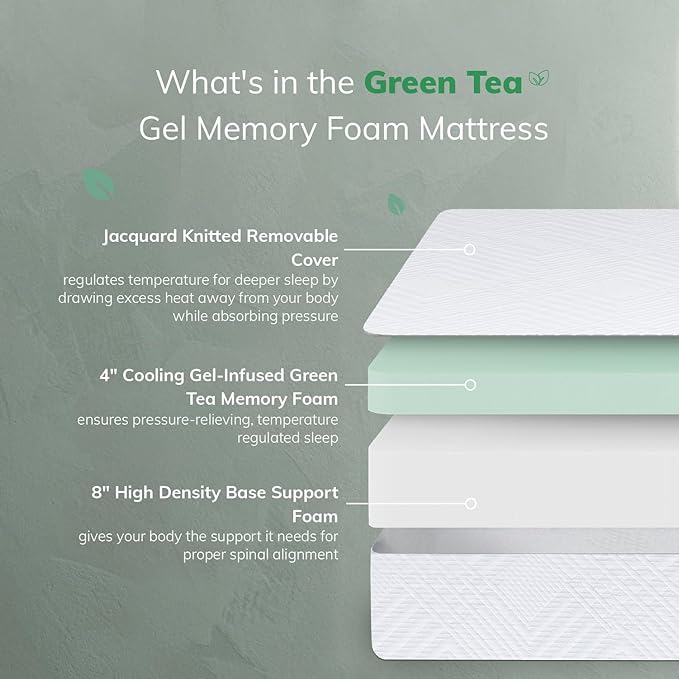 EGO White 12 inch Twin Memory Foam Mattress, Gel Green Tea Mattress Bed in a Box, Made in USA, CertiPUR-US Certified, 38"×75", Medium Firm