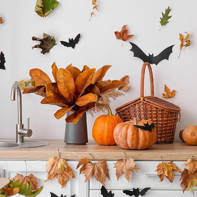 4 Pcs Fall Magnolia Silk Leaves Branches 22 Inch 3D Real Touch Autumn Faux Magnolia Stems Fake Orange Leaves Twigs for Indoor Outdoor Vase Filling Home Wedding Decoration