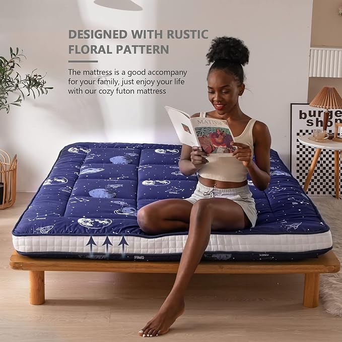 MAXYOYO Navy Space Adventure Futon Mattress, Padded Japanese Floor Mattress Quilted Bed Mattress Topper, Extra Thick Folding Sleeping Pad Floor Lounger Guest Bed for Camping Couch, Twin Size