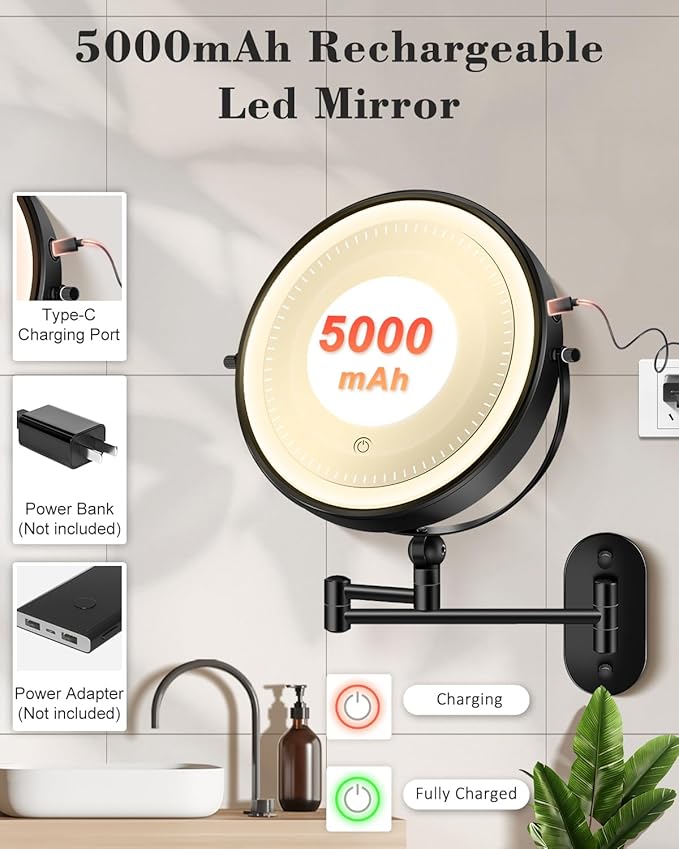 30X/1X Wall Mounted Lighted Makeup Mirror, 9'' Height Adjustable Double Sided 5000mAh Rechargeable Magnifying Bathroom Mirror with Light, 3 Color Modes Touch Dimmable Extended Arm 360 Rotation